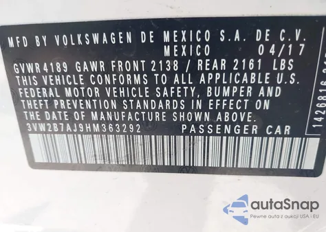 2017 Volkswagen Jetta 1.4T S z USA, uszkodzony, nr VIN 3VW2B7AJ9HM363292